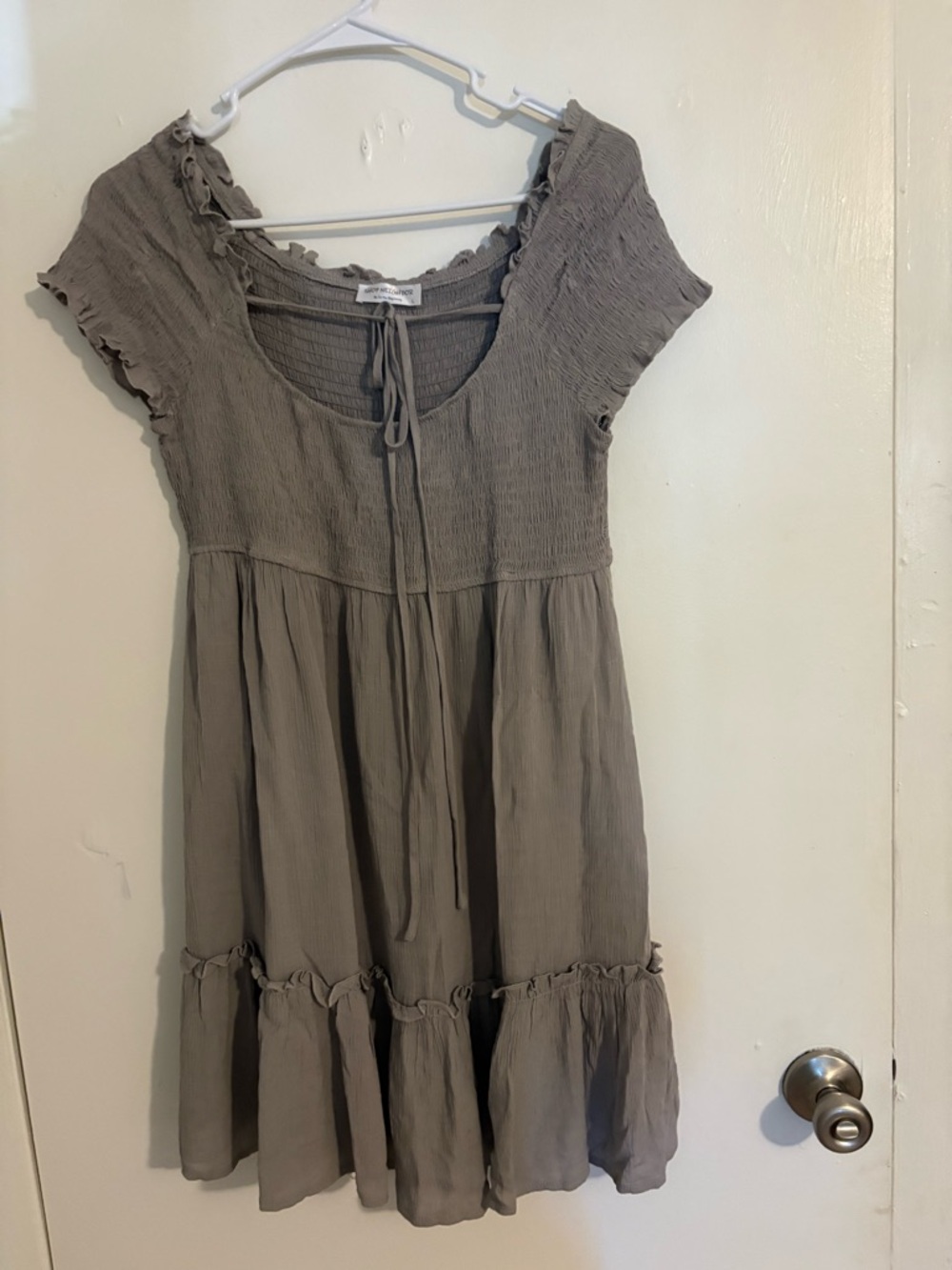 Grey Ruffled Short Sleeve Smocked Bodice Dress